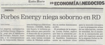 Listín Diario - 06092013 - Forbes Energy niega soborno Wikileaks Felucho