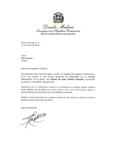 Carta de Condolencia Presidente Medina Felucho Jiménez